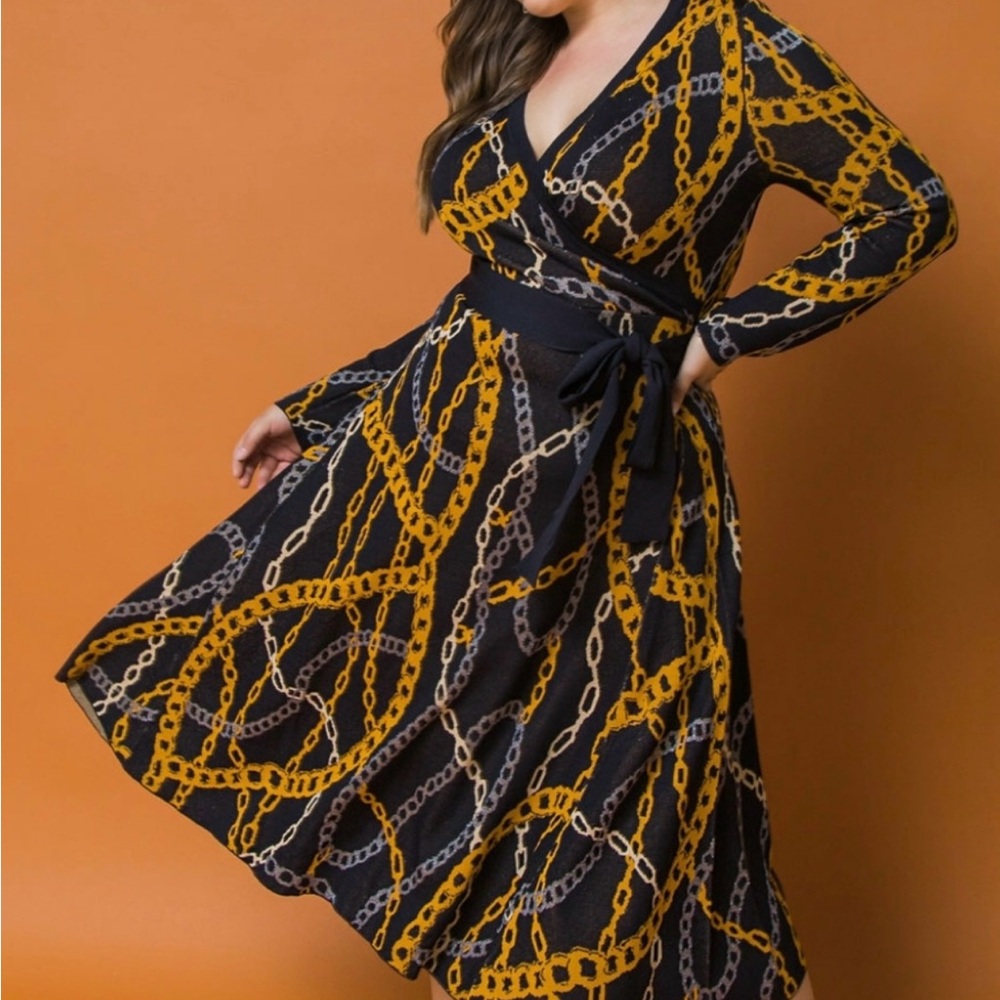 Flying Tomato Gold and Black Long Sleeve Wrap Dress